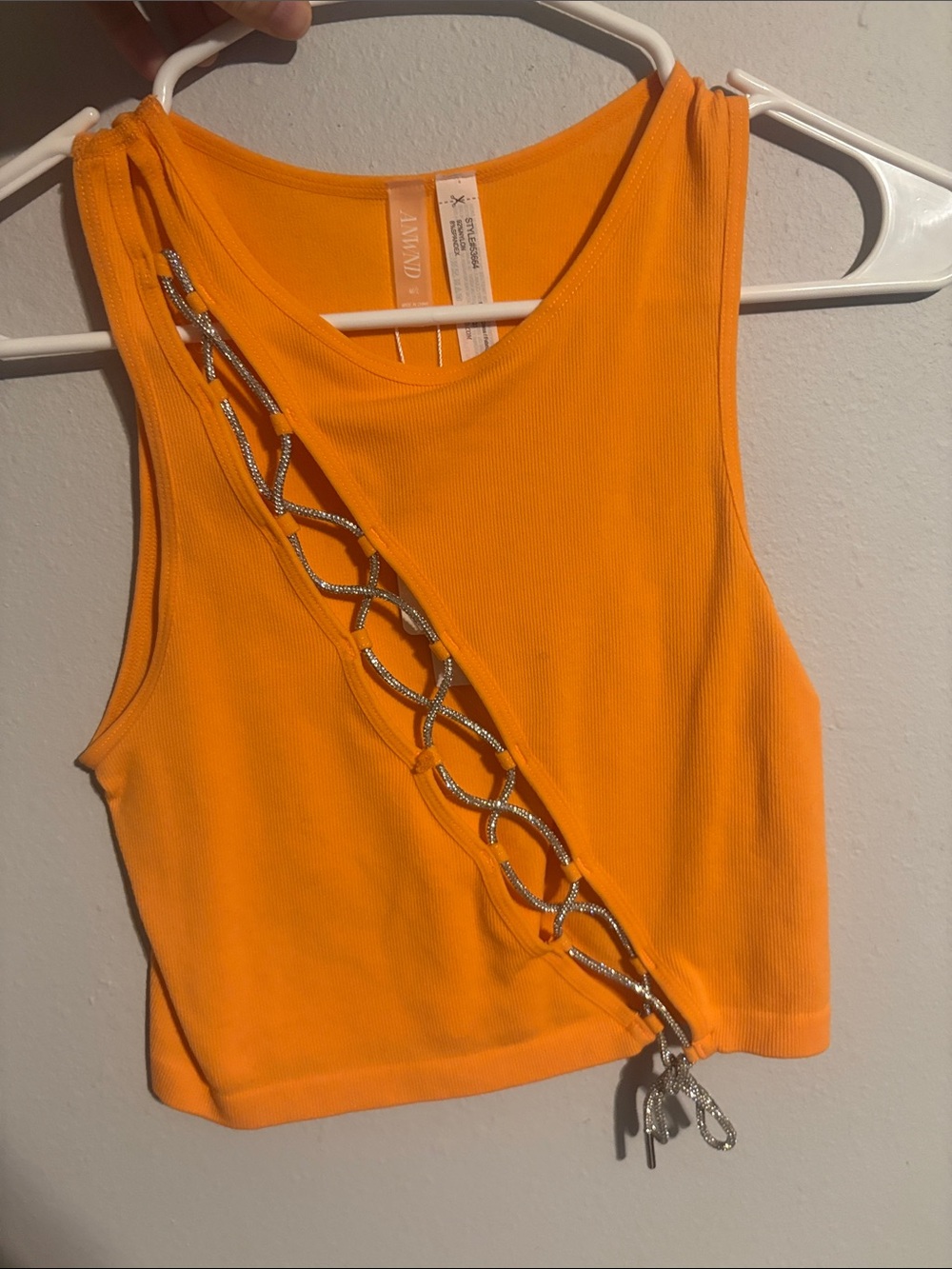 Neon Orange Chain-Detail Crop Tank Top